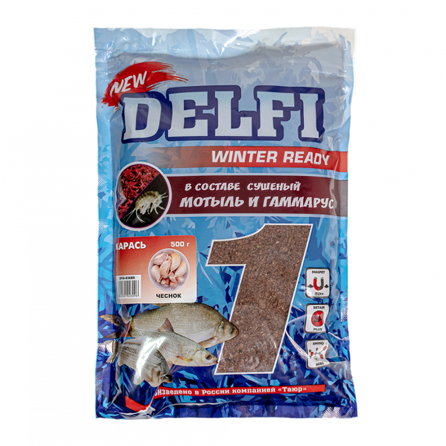 Прикормка зимняя увлажненная DELFI ICE Ready (карась; чеснок, коричневая, 500 г)