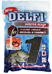 Прикормка зимняя увлажненная DELFI ICE Ready (большая рыба; мотыль + червь, черная, 500 г)